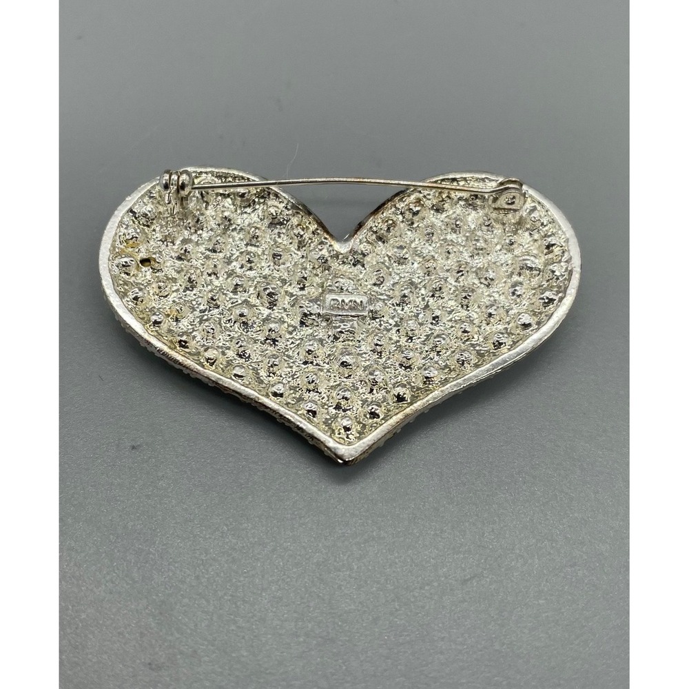 RMN Roman Vintage Silver Tone Pave Rhinestone Heart Brooch Pin Clear Crystal - Picture 3 of 4